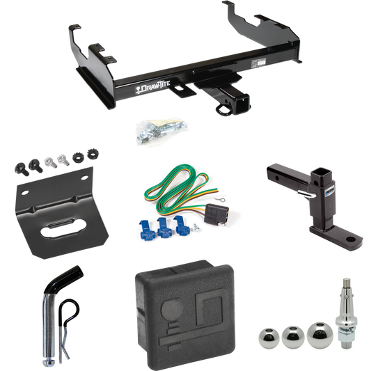 Fits 1963-1972 Chevrolet K20 Trailer Hitch Tow PKG w/ 4-Flat Wiring + Adjustable Drop Rise Ball Mount + Pin/Clip + Inerchangeable 1-7/8" & 2" & 2-5/16" Balls + Wiring Bracket + Hitch Cover (For w/8' Bed Models) By Draw-Tite