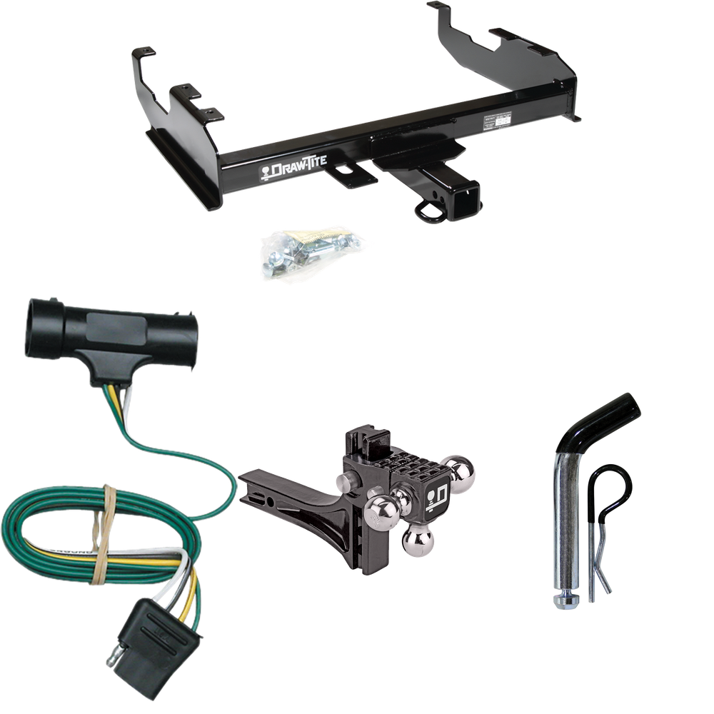 Fits 1979-1984 GMC K3500 Trailer Hitch Tow PKG w/ 4-Flat Wiring + Adjustable Drop Rise Triple Ball Ball Mount 1-7/8" & 2" & 2-5/16" Trailer Balls + Pin/Clip (For w/8' Bed Models) By Draw-Tite