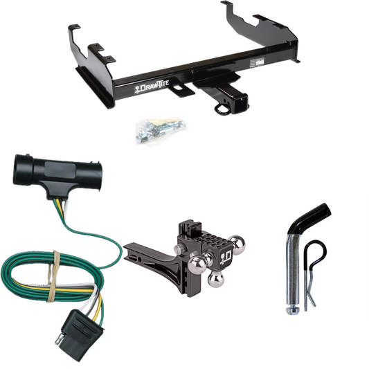 Fits 1979-1984 GMC K3500 Trailer Hitch Tow PKG w/ 4-Flat Wiring + Adjustable Drop Rise Triple Ball Ball Mount 1-7/8" & 2" & 2-5/16" Trailer Balls + Pin/Clip (For w/8' Bed Models) By Draw-Tite