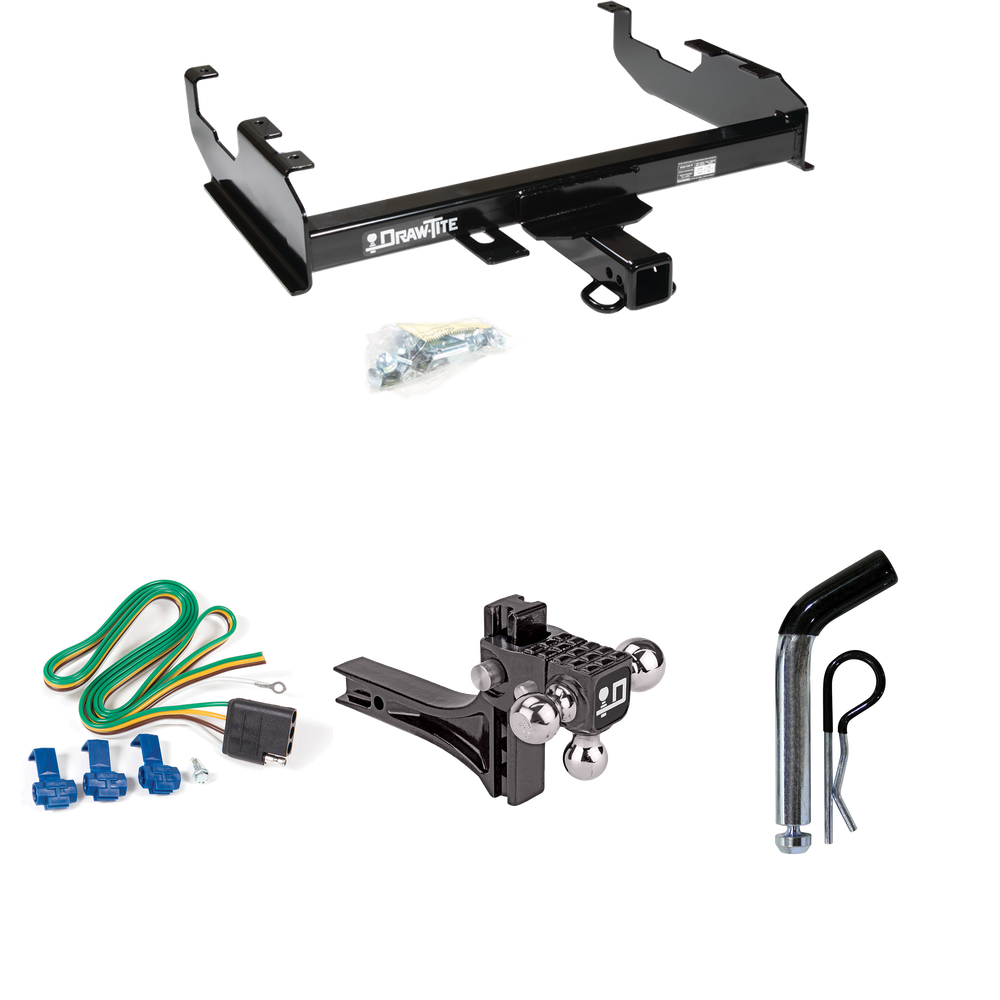 Fits 1963-1972 Chevrolet K20 Trailer Hitch Tow PKG w/ 4-Flat Wiring + Adjustable Drop Rise Triple Ball Ball Mount 1-7/8" & 2" & 2-5/16" Trailer Balls + Pin/Clip (For w/8' Bed Models) By Draw-Tite