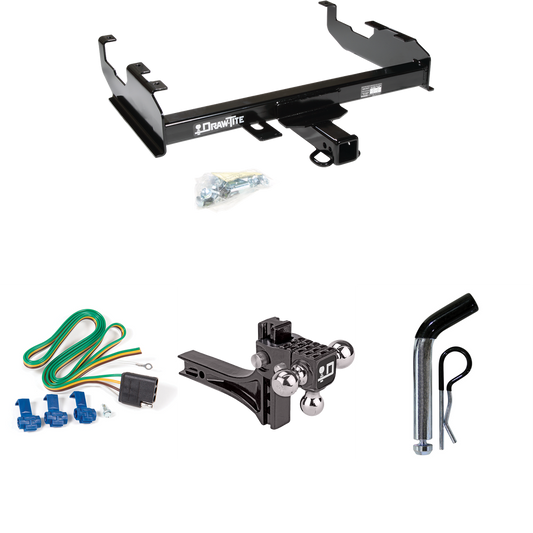 Fits 1985-1986 Chevrolet K20 Trailer Hitch Tow PKG w/ 4-Flat Wiring + Adjustable Drop Rise Triple Ball Ball Mount 1-7/8" & 2" & 2-5/16" Trailer Balls + Pin/Clip (For w/8' Bed Models) By Draw-Tite