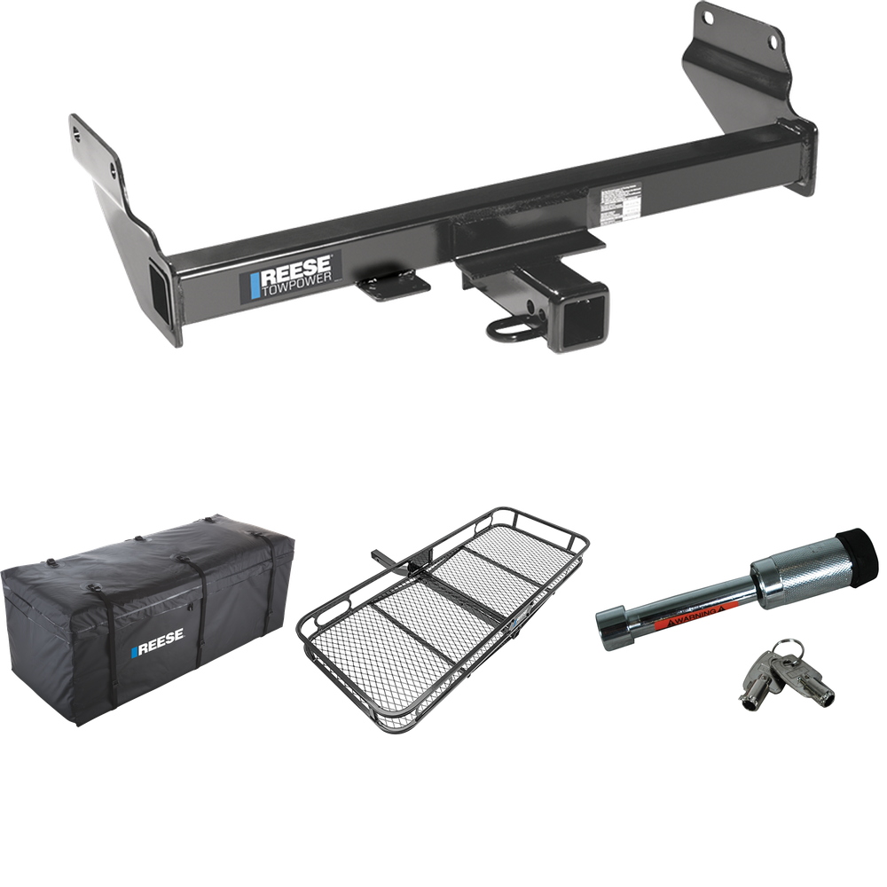 Fits 2021-2021 Jeep Grand Cherokee Trailer Hitch Tow PKG w/ 60" x 24" Cargo Carrier + Cargo Bag + Hitch Lock (For w/OEM Tow Hook, Except w/ECODiesel Engine Models) By Reese Towpower