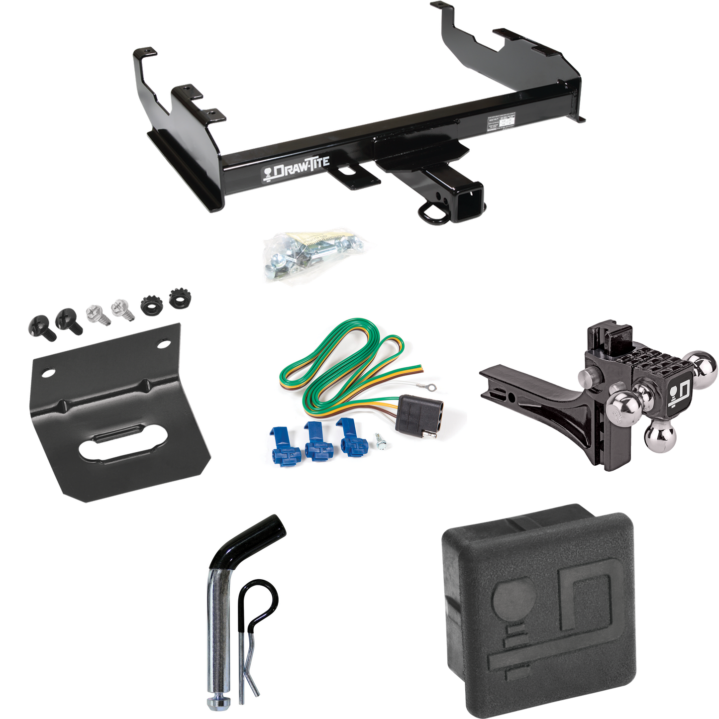 Fits 1963-1972 Chevrolet C20 Trailer Hitch Tow PKG w/ 4-Flat Wiring + Adjustable Drop Rise Triple Ball Ball Mount 1-7/8" & 2" & 2-5/16" Trailer Balls + Pin/Clip + Wiring Bracket + Hitch Cover (For w/8' Bed Models) By Draw-Tite