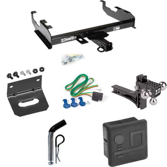 Fits 1999-2000 Ford F-350 Super Duty Trailer Hitch Tow PKG w/ 4-Flat Wiring + Adjustable Drop Rise Triple Ball Ball Mount 1-7/8" & 2" & 2-5/16" Trailer Balls + Pin/Clip + Wiring Bracket + Hitch Cover (For Cab & Chassis, w/34" Wide Frames Models) By D