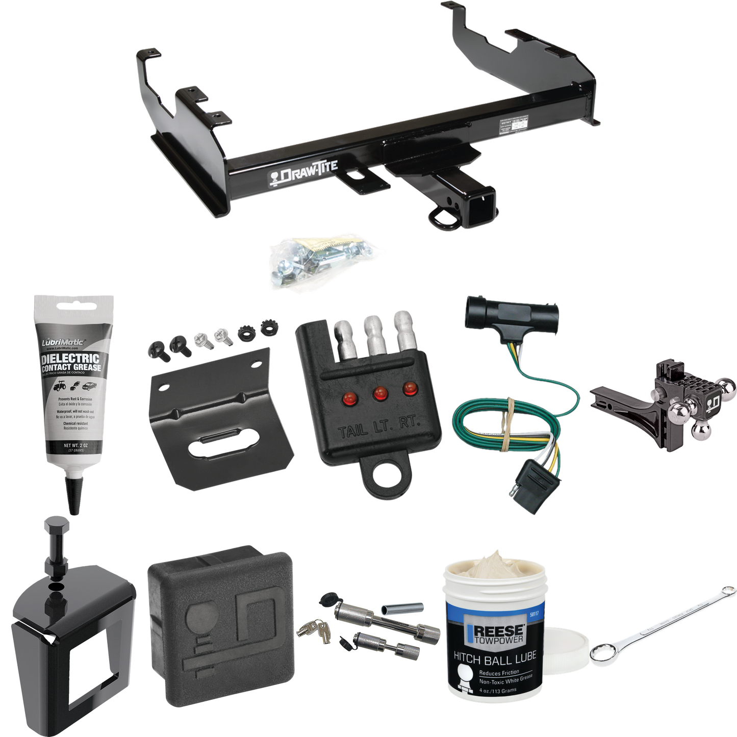 Fits 1973-1984 Chevrolet C10 Trailer Hitch Tow PKG w/ 4-Flat Wiring + Adjustable Drop Rise Triple Ball Ball Mount 1-7/8" & 2" & 2-5/16" Trailer Balls + Wiring Bracket + Hitch Cover + Dual Hitch & Coupler Locks + Wiring Tester + Ball Lube + Electric G