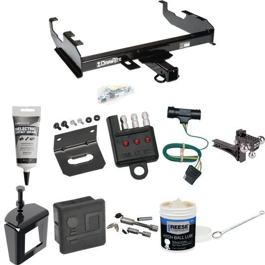 Fits 1979-1984 GMC K3500 Trailer Hitch Tow PKG w/ 4-Flat Wiring + Adjustable Drop Rise Triple Ball Ball Mount 1-7/8" & 2" & 2-5/16" Trailer Balls + Wiring Bracket + Hitch Cover + Dual Hitch & Coupler Locks + Wiring Tester + Ball Lube + Electric Greas