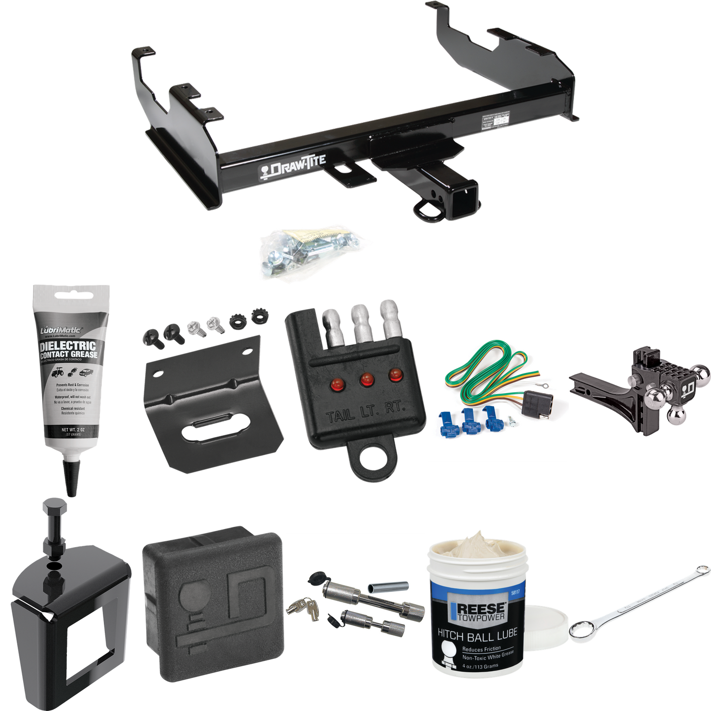 Fits 1963-1972 Chevrolet C10 Trailer Hitch Tow PKG w/ 4-Flat Wiring + Adjustable Drop Rise Triple Ball Ball Mount 1-7/8" & 2" & 2-5/16" Trailer Balls + Wiring Bracket + Hitch Cover + Dual Hitch & Coupler Locks + Wiring Tester + Ball Lube + Electric G
