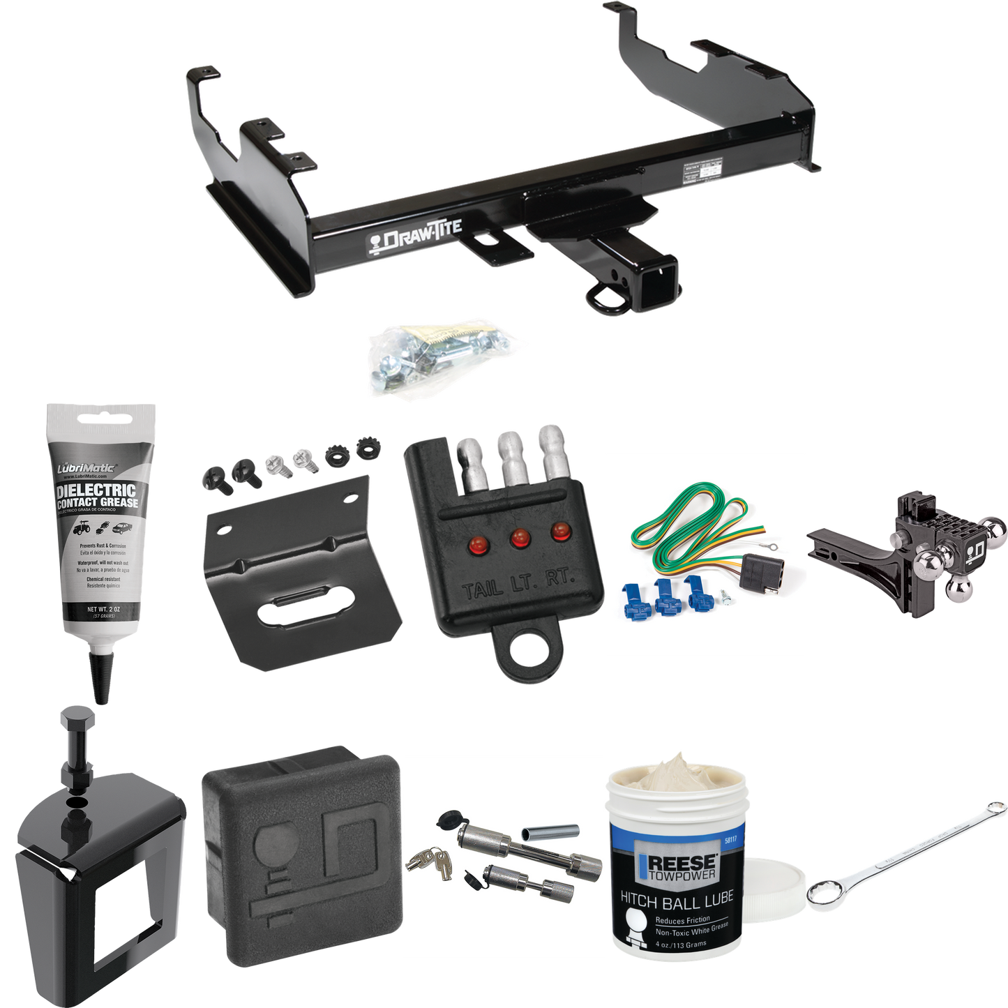 Fits 1969-1970 International 1300D Trailer Hitch Tow PKG w/ 4-Flat Wiring + Adjustable Drop Rise Triple Ball Ball Mount 1-7/8" & 2" & 2-5/16" Trailer Balls + Wiring Bracket + Hitch Cover + Dual Hitch & Coupler Locks + Wiring Tester + Ball Lube + Elec