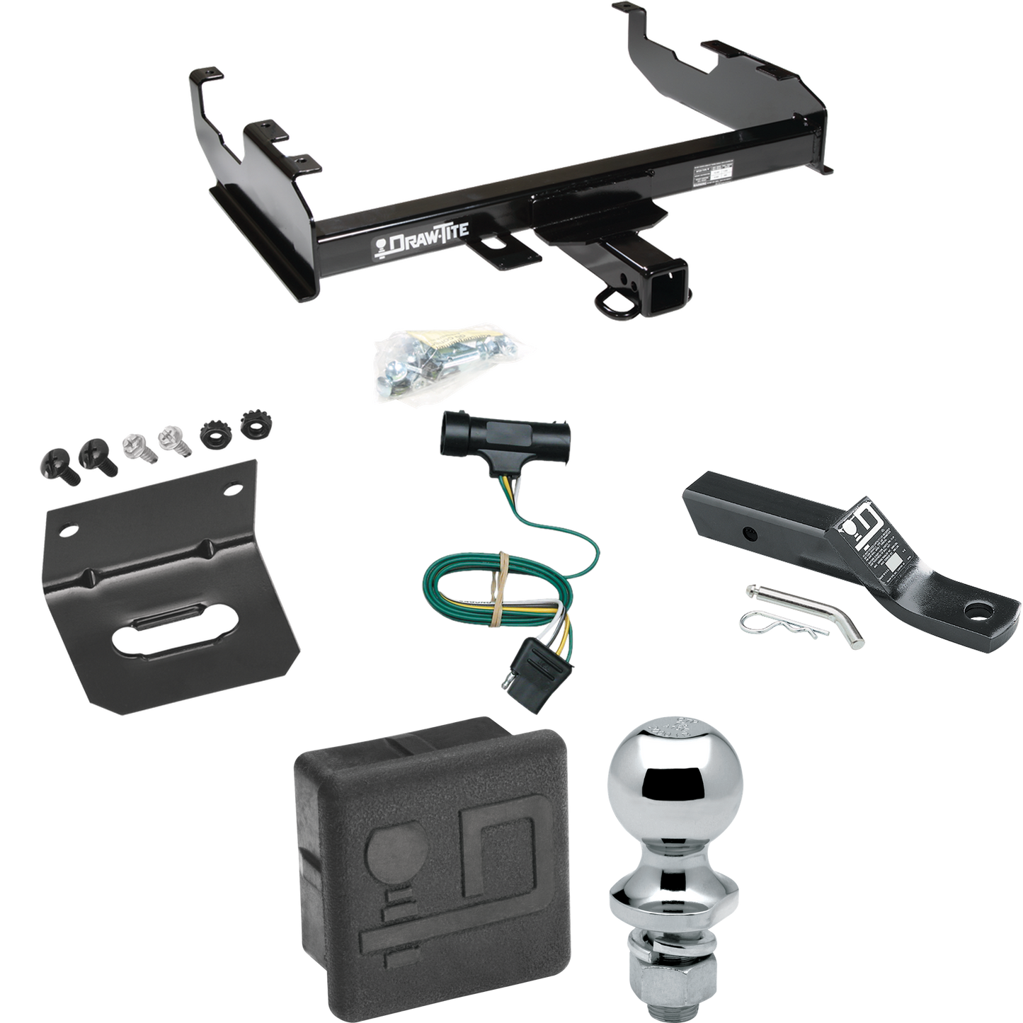 Fits 1979-1984 GMC C1500 Trailer Hitch Tow PKG w/ 4-Flat Wiring + Ball Mount w/ 2" Drop + 1-7/8" Ball + Wiring Bracket + Hitch Cover (For w/8' Bed Models) By Draw-Tite