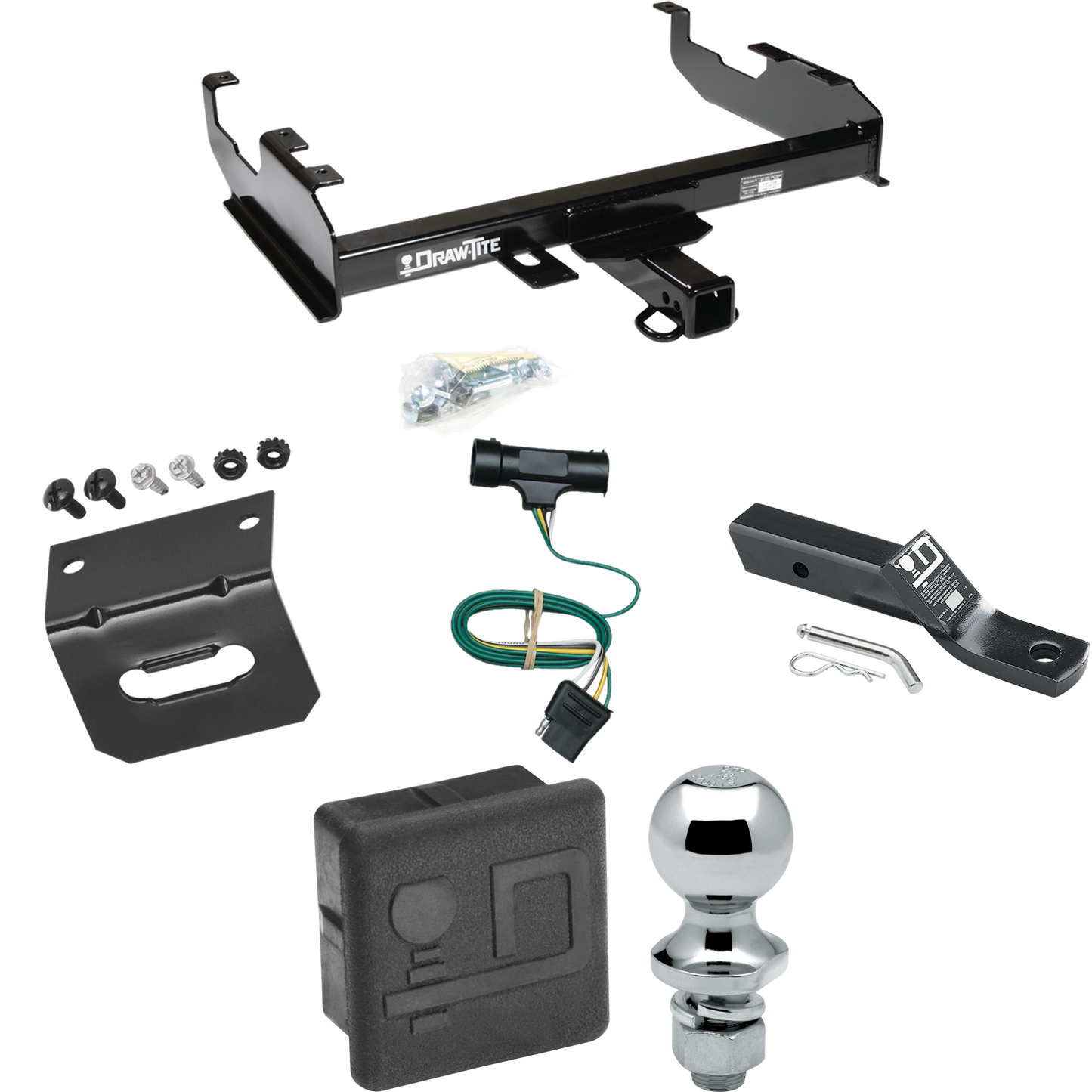 Fits 1967-1974 GMC K35 Trailer Hitch Tow PKG w/ 4-Flat Wiring + Ball Mount w/ 2" Drop + 1-7/8" Ball + Wiring Bracket + Hitch Cover (For w/8' Bed Models) By Draw-Tite