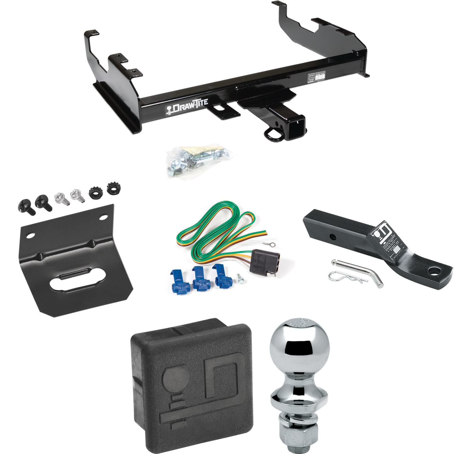 Fits 1985-1986 GMC K2500 Trailer Hitch Tow PKG w/ 4-Flat Wiring + Ball Mount w/ 2" Drop + 1-7/8" Ball + Wiring Bracket + Hitch Cover (For w/8' Bed Models) By Draw-Tite