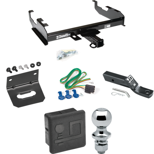 Fits 1985-1986 GMC K2500 Trailer Hitch Tow PKG w/ 4-Flat Wiring + Ball Mount w/ 2" Drop + 1-7/8" Ball + Wiring Bracket + Hitch Cover (For w/8' Bed Models) By Draw-Tite