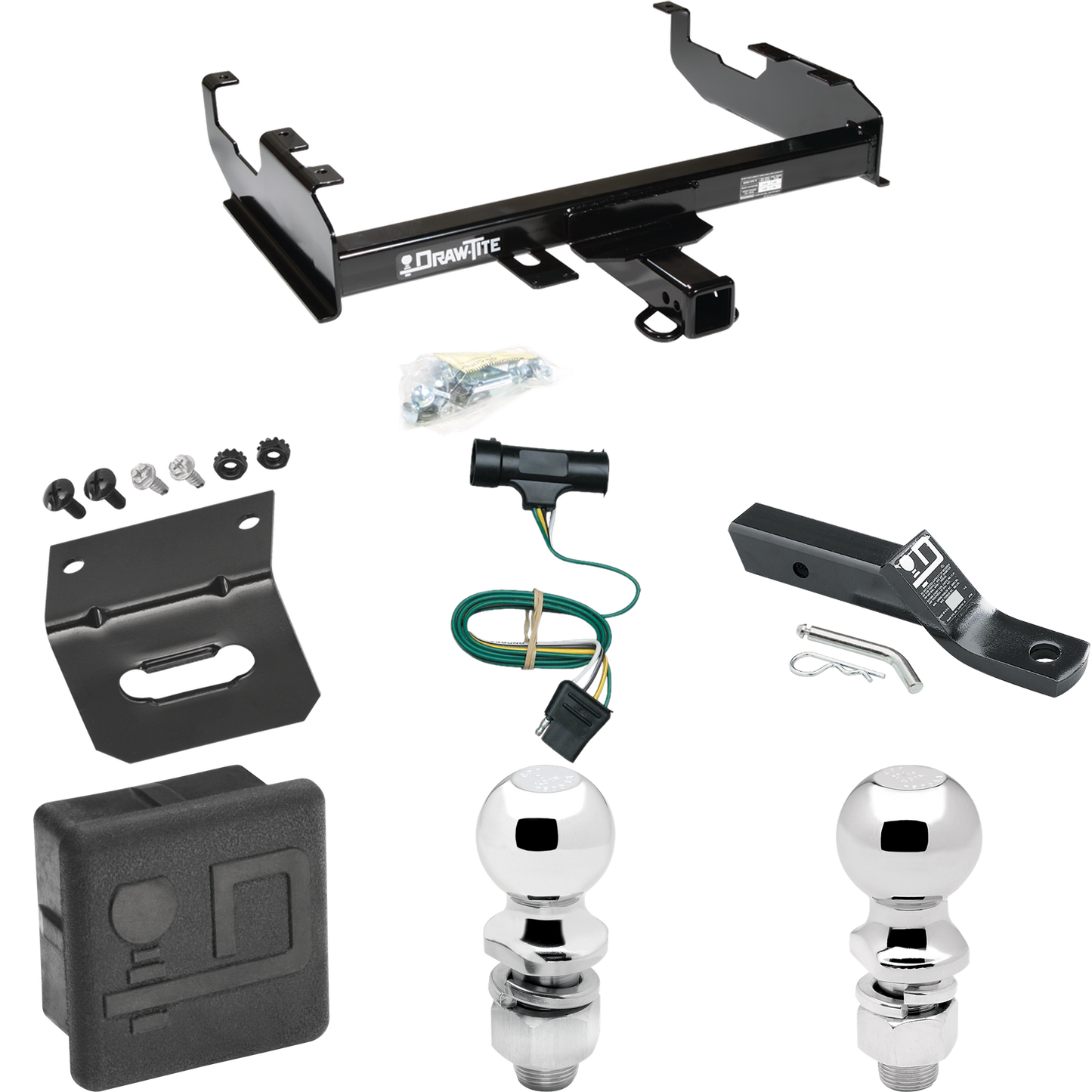 Fits 1979-1984 GMC C3500 Trailer Hitch Tow PKG w/ 4-Flat Wiring + Ball Mount w/ 2" Drop + 2" Ball + 2-5/16" Ball + Wiring Bracket + Hitch Cover (For w/8' Bed Models) By Draw-Tite