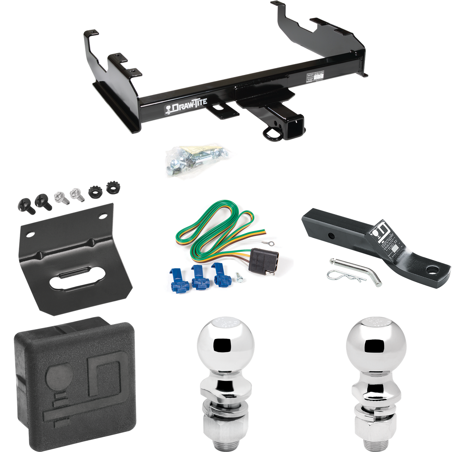 Fits 1974-1975 International 200 Trailer Hitch Tow PKG w/ 4-Flat Wiring + Ball Mount w/ 2" Drop + 2" Ball + 2-5/16" Ball + Wiring Bracket + Hitch Cover By Draw-Tite