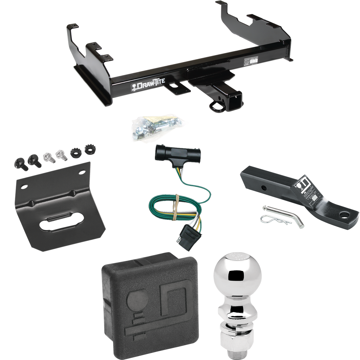 Fits 1967-1978 GMC C35 Trailer Hitch Tow PKG w/ 4-Flat Wiring + Ball Mount w/ 2" Drop + 2-5/16" Ball + Wiring Bracket + Hitch Cover (For w/8' Bed Models) By Draw-Tite