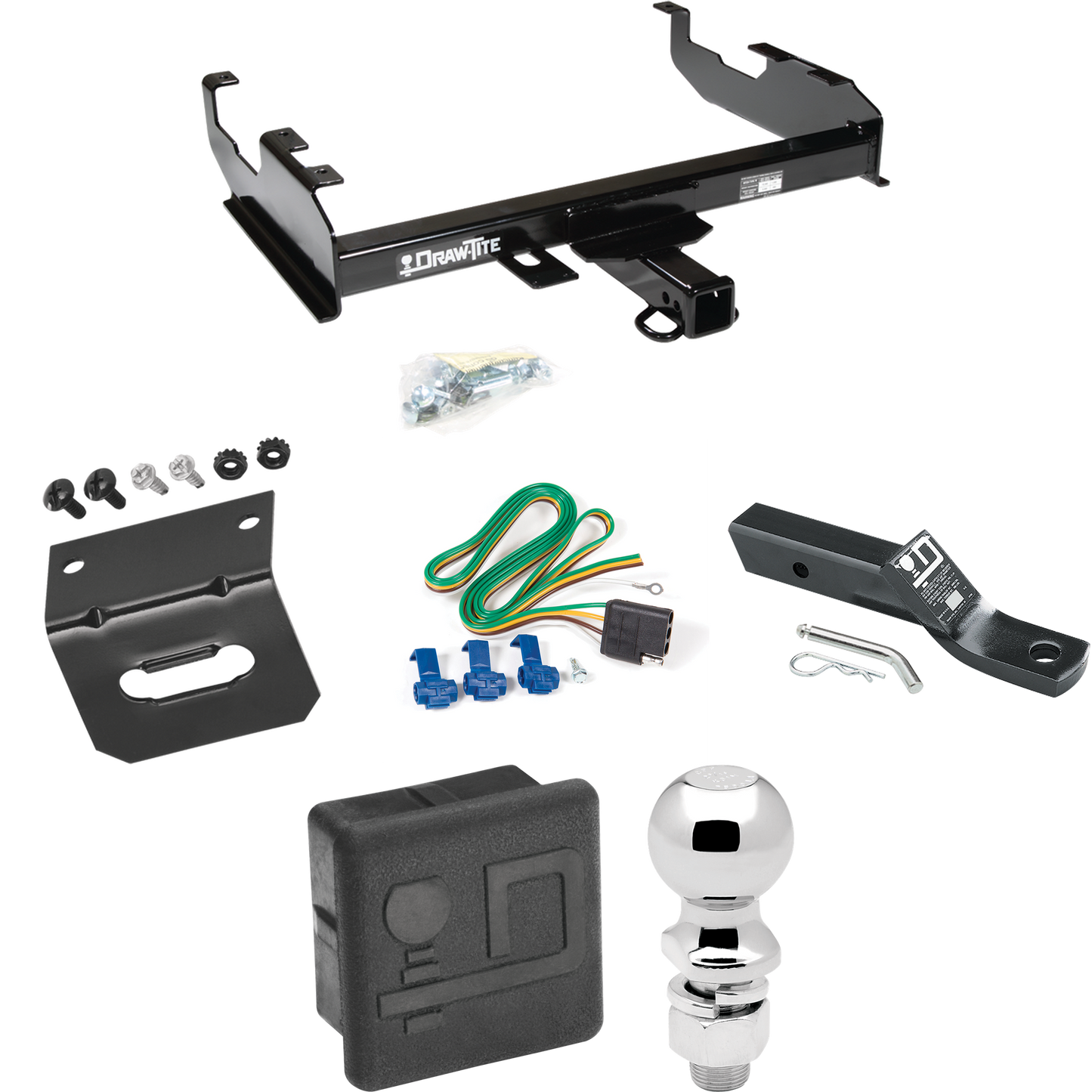 Fits 1971-1973 International 1310 Trailer Hitch Tow PKG w/ 4-Flat Wiring + Ball Mount w/ 2" Drop + 2-5/16" Ball + Wiring Bracket + Hitch Cover By Draw-Tite