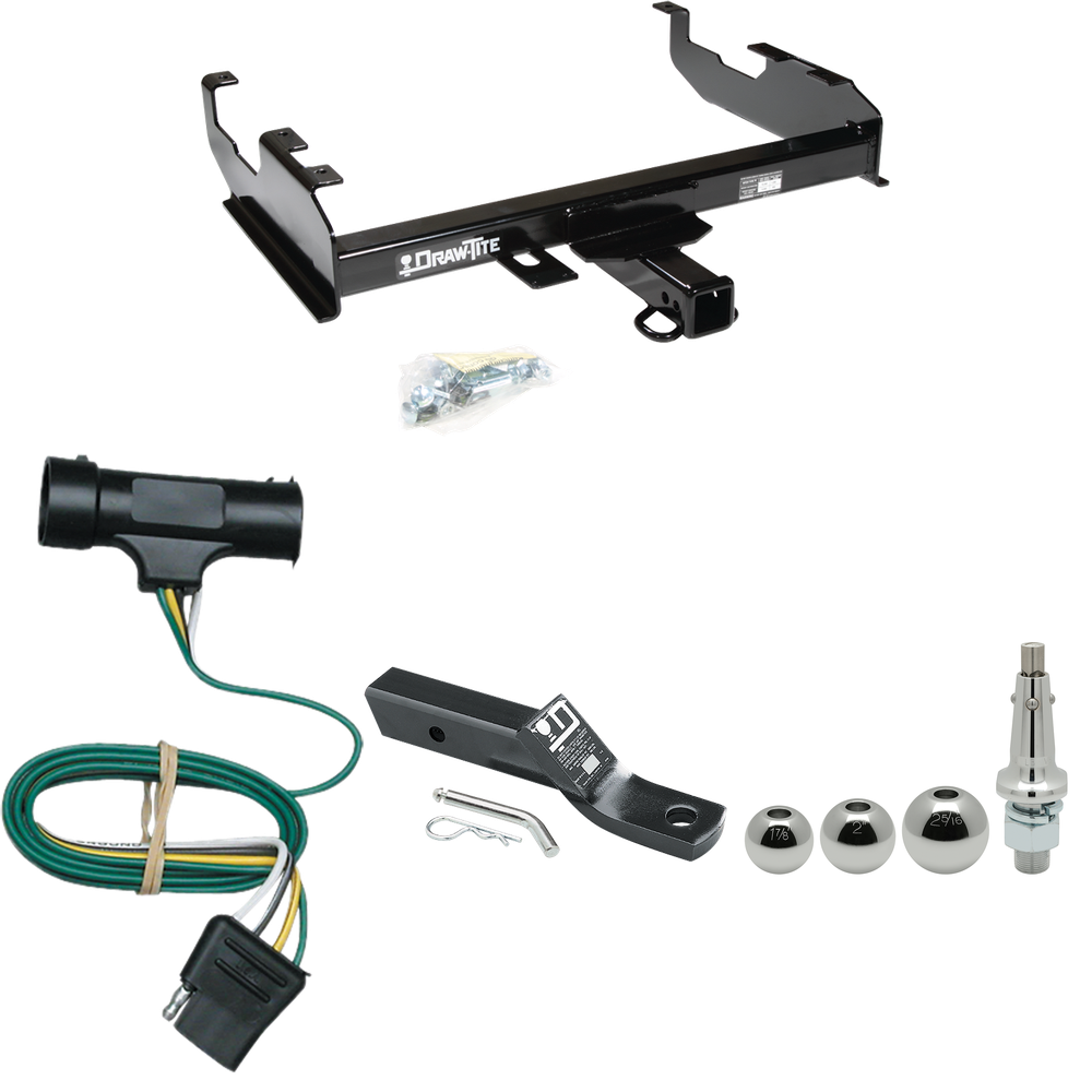 Fits 1973-1974 Chevrolet K30 Trailer Hitch Tow PKG w/ 4-Flat Wiring + Ball Mount w/ 2" Drop + Interchangeable Ball 1-7/8" & 2" & 2-5/16" (For w/8' Bed Models) By Draw-Tite