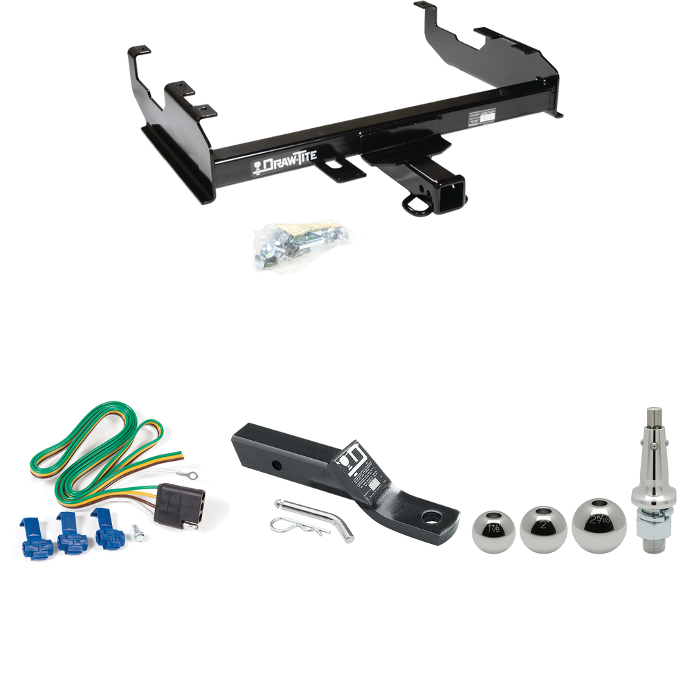 Fits 1985-1986 Chevrolet K20 Trailer Hitch Tow PKG w/ 4-Flat Wiring + Ball Mount w/ 2" Drop + Interchangeable Ball 1-7/8" & 2" & 2-5/16" (For w/8' Bed Models) By Draw-Tite