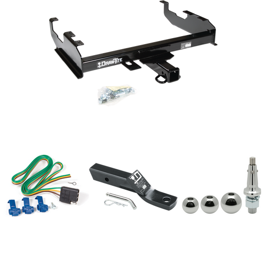 Fits 1985-1986 Chevrolet K20 Trailer Hitch Tow PKG w/ 4-Flat Wiring + Ball Mount w/ 2" Drop + Interchangeable Ball 1-7/8" & 2" & 2-5/16" (For w/8' Bed Models) By Draw-Tite