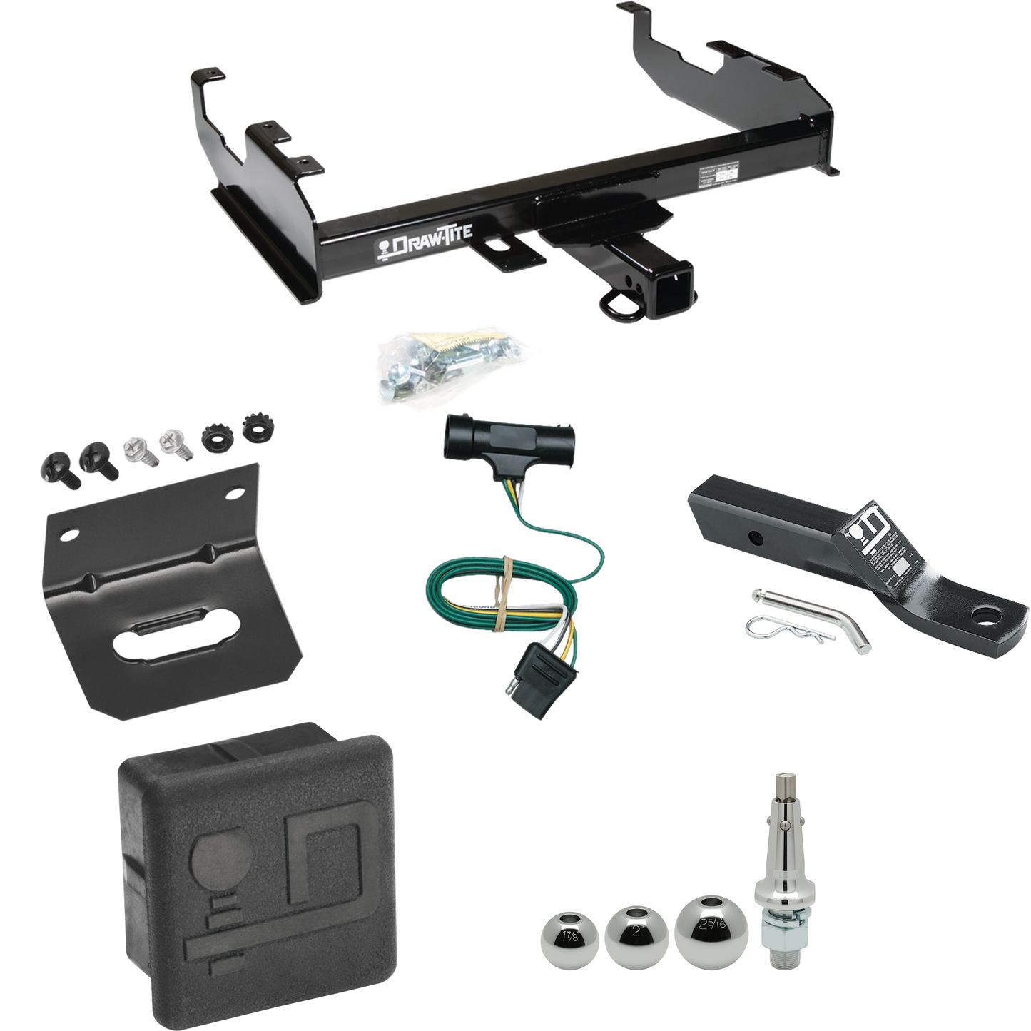 Fits 1973-1984 Chevrolet C30 Trailer Hitch Tow PKG w/ 4-Flat Wiring + Ball Mount w/ 2" Drop + Interchangeable Ball 1-7/8" & 2" & 2-5/16" + Wiring Bracket + Hitch Cover (For w/8' Bed Models) By Draw-Tite