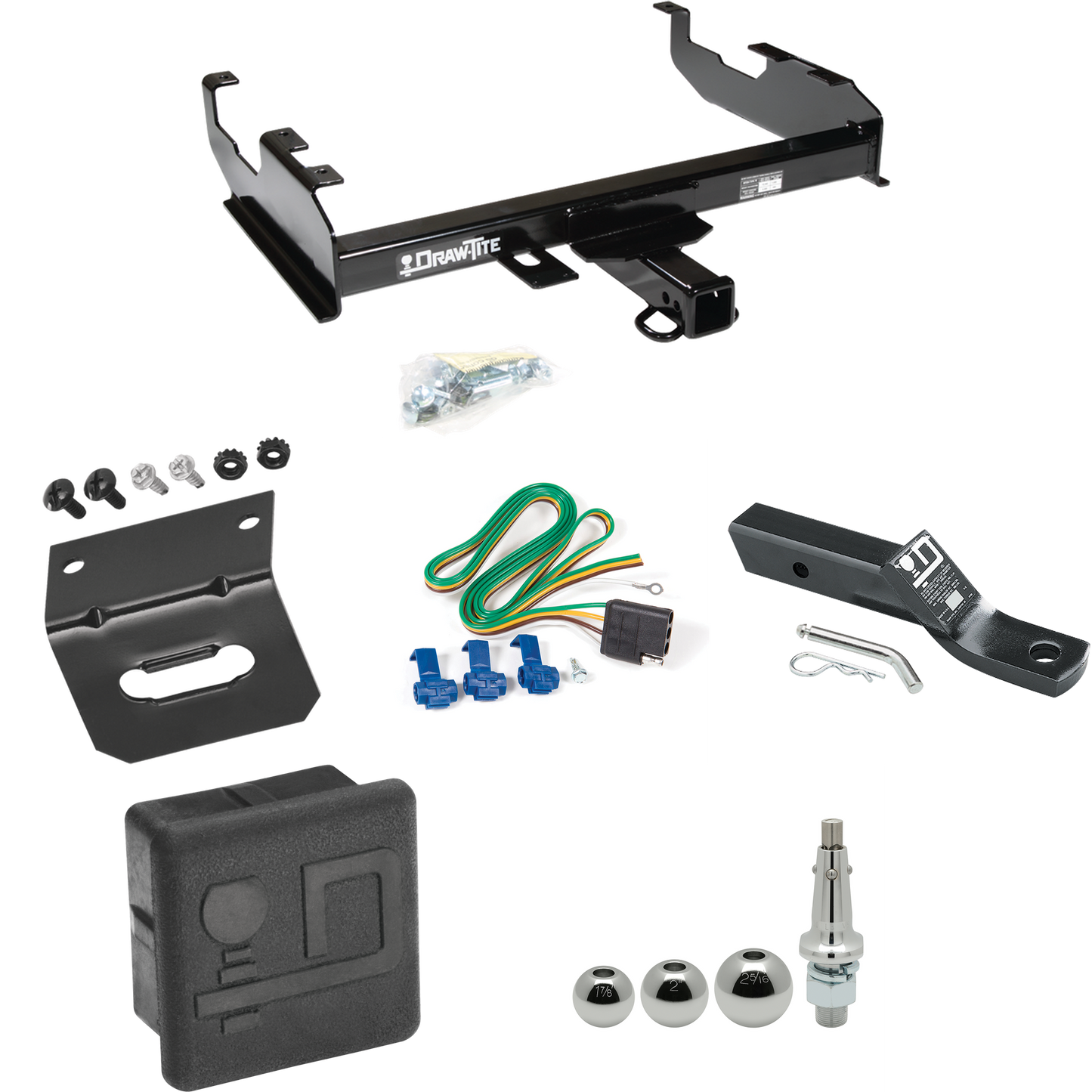 Fits 1985-1986 Chevrolet C10 Trailer Hitch Tow PKG w/ 4-Flat Wiring + Ball Mount w/ 2" Drop + Interchangeable Ball 1-7/8" & 2" & 2-5/16" + Wiring Bracket + Hitch Cover (For w/8' Bed Models) By Draw-Tite