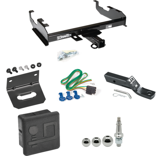 Fits 1985-1986 Chevrolet C10 Trailer Hitch Tow PKG w/ 4-Flat Wiring + Ball Mount w/ 2" Drop + Interchangeable Ball 1-7/8" & 2" & 2-5/16" + Wiring Bracket + Hitch Cover (For w/8' Bed Models) By Draw-Tite