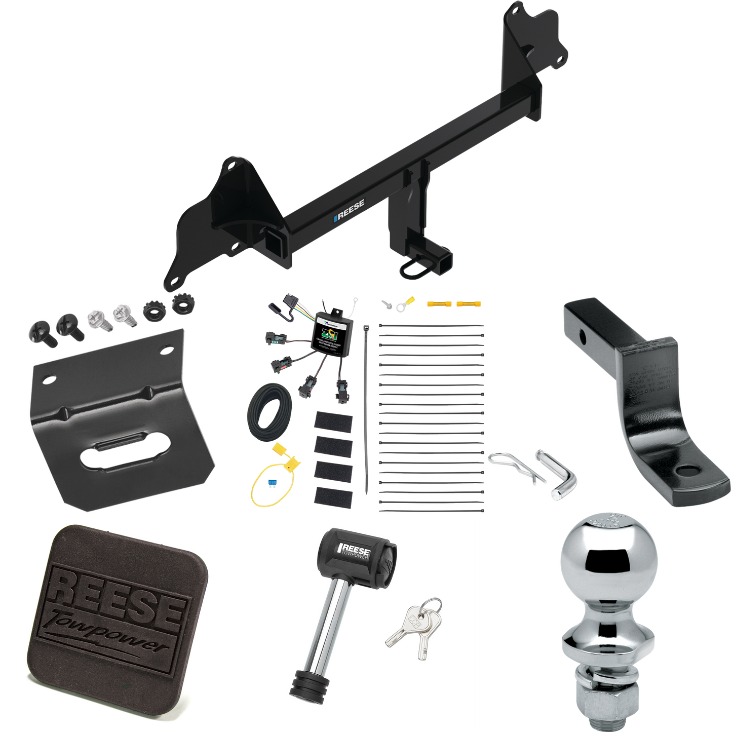 Fits 2017-2019 Tesla 3 Trailer Hitch Tow PKG w/ 4-Flat Zero Contact "No Splice" Wiring Harness + Draw-Bar + 1-7/8" Ball + Wiring Bracket + Hitch Cover + Hitch Lock By Reese Towpower