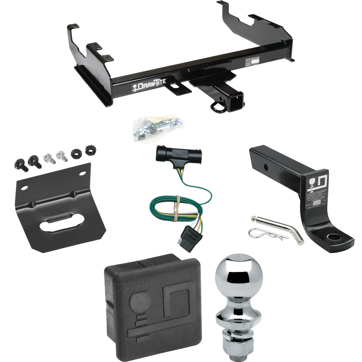 Fits 1979-1984 GMC K1500 Trailer Hitch Tow PKG w/ 4-Flat Wiring + Ball Mount w/ 4" Drop + 1-7/8" Ball + Wiring Bracket + Hitch Cover (For w/8' Bed Models) By Draw-Tite