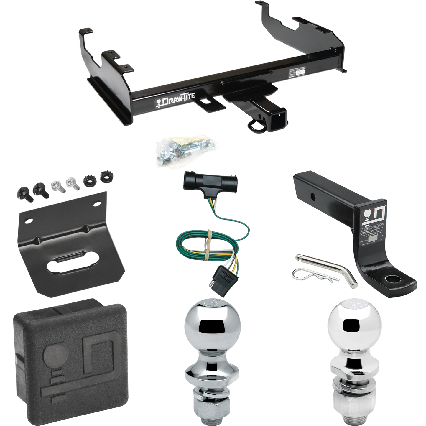 Fits 1979-1984 GMC K2500 Trailer Hitch Tow PKG w/ 4-Flat Wiring + Ball Mount w/ 4" Drop + 2" Ball + 1-7/8" Ball + Wiring Bracket + Hitch Cover (For w/8' Bed Models) By Draw-Tite