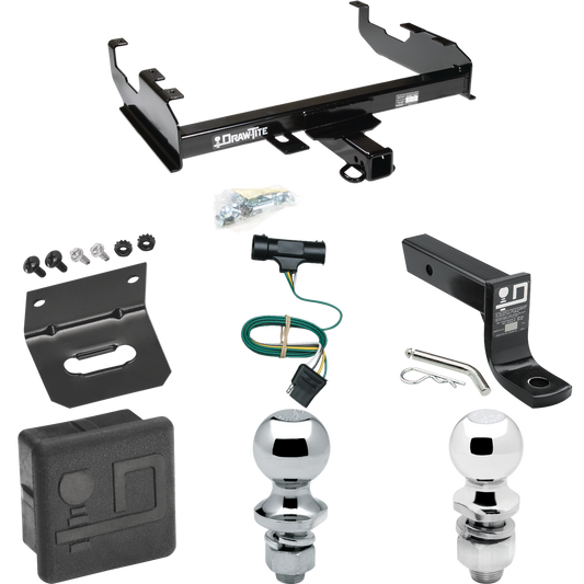 Fits 1979-1984 GMC K2500 Trailer Hitch Tow PKG w/ 4-Flat Wiring + Ball Mount w/ 4" Drop + 2" Ball + 1-7/8" Ball + Wiring Bracket + Hitch Cover (For w/8' Bed Models) By Draw-Tite