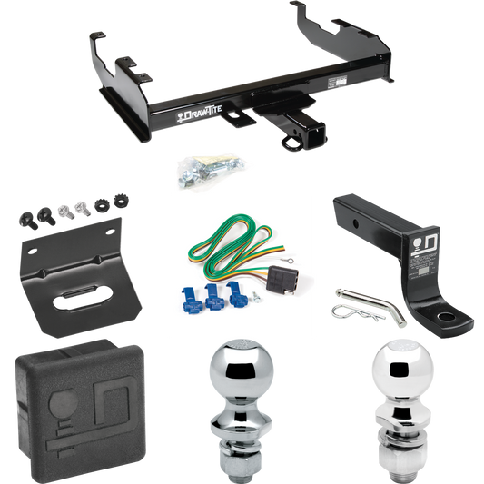 Fits 1988-1991 GMC C3500 Trailer Hitch Tow PKG w/ 4-Flat Wiring + Ball Mount w/ 4" Drop + 2" Ball + 1-7/8" Ball + Wiring Bracket + Hitch Cover (For Crew Cab w/8' Bed Models) By Draw-Tite