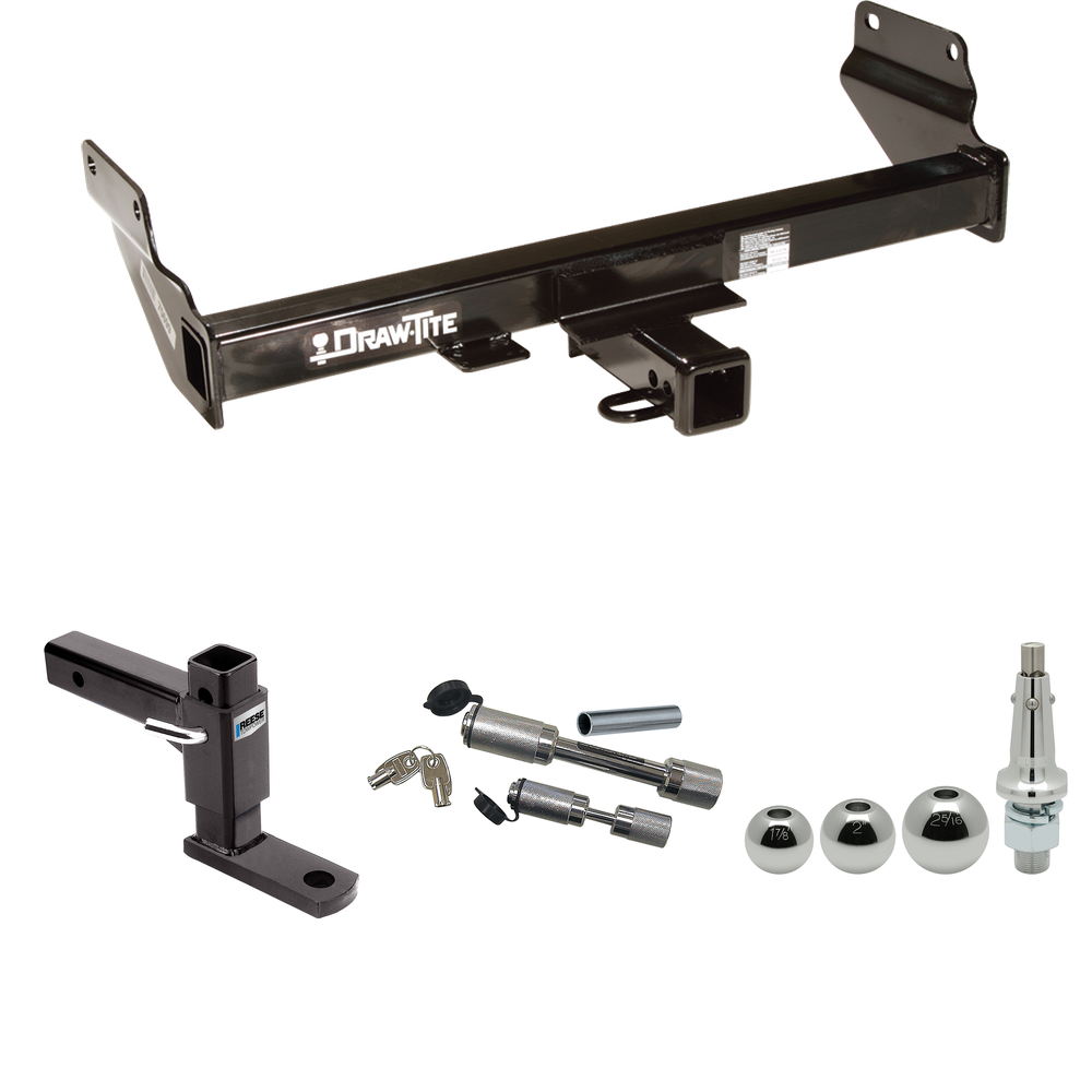 Fits 2014-2021 Jeep Grand Cherokee Trailer Hitch Tow PKG w/ Adjustable Drop Rise Ball Mount + Dual Hitch & Copler Locks + Inerchangeable 1-7/8" & 2" & 2-5/16" Balls (For w/OEM Tow Hook, Except w/ECODiesel Engine Models) By Draw-Tite