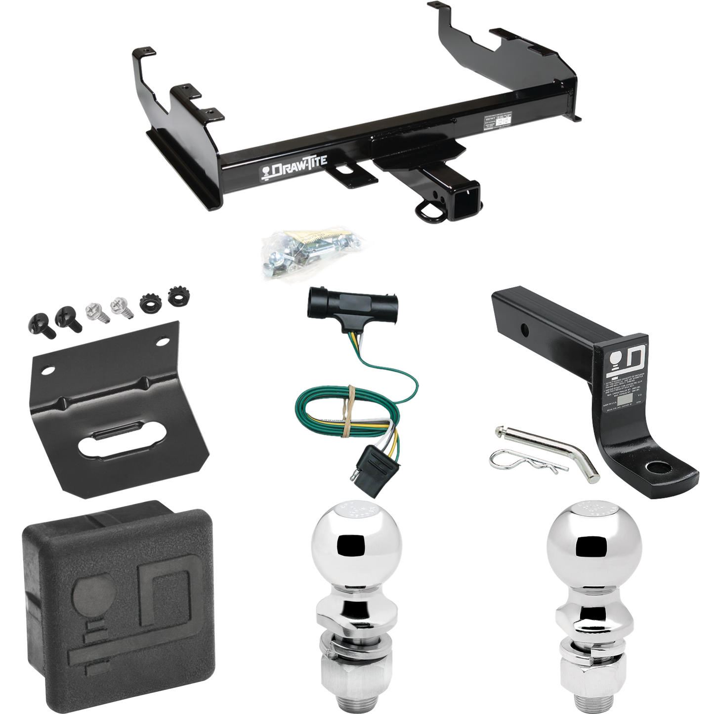 Fits 1973-1984 Chevrolet C10 Trailer Hitch Tow PKG w/ 4-Flat Wiring + Ball Mount w/ 4" Drop + 2" Ball + 2-5/16" Ball + Wiring Bracket + Hitch Cover (For w/8' Bed Models) By Draw-Tite