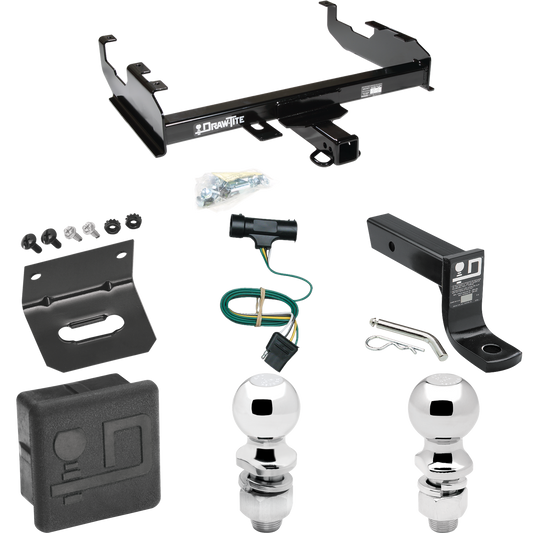 Fits 1973-1984 Chevrolet C10 Trailer Hitch Tow PKG w/ 4-Flat Wiring + Ball Mount w/ 4" Drop + 2" Ball + 2-5/16" Ball + Wiring Bracket + Hitch Cover (For w/8' Bed Models) By Draw-Tite