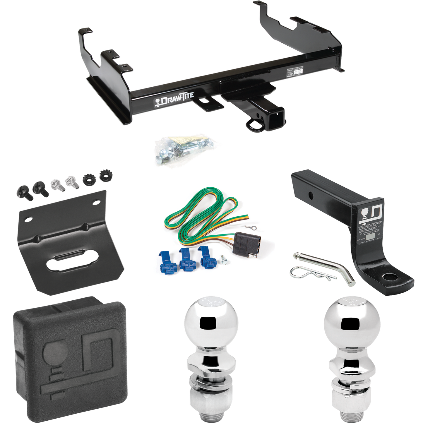 Se adapta al paquete de remolque con enganche para remolque International 1200D 1969-1970 con 4 cables planos + soporte de bola con caída de 4" + bola de 2" + bola de 2-5/16" + soporte de cableado + cubierta de enganche de Draw-Tite