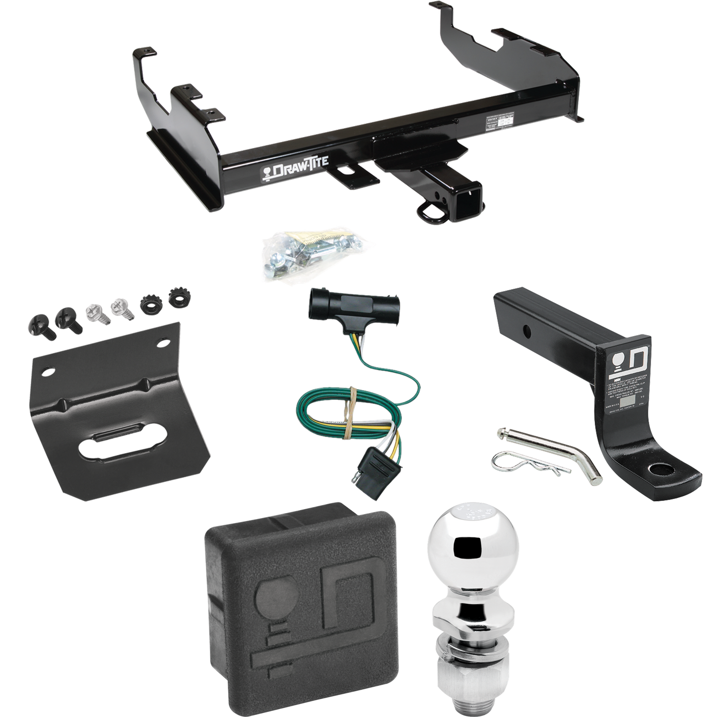 Fits 1975-1978 GMC K15 Trailer Hitch Tow PKG w/ 4-Flat Wiring + Ball Mount w/ 4" Drop + 2" Ball + Wiring Bracket + Hitch Cover (For w/8' Bed Models) By Draw-Tite