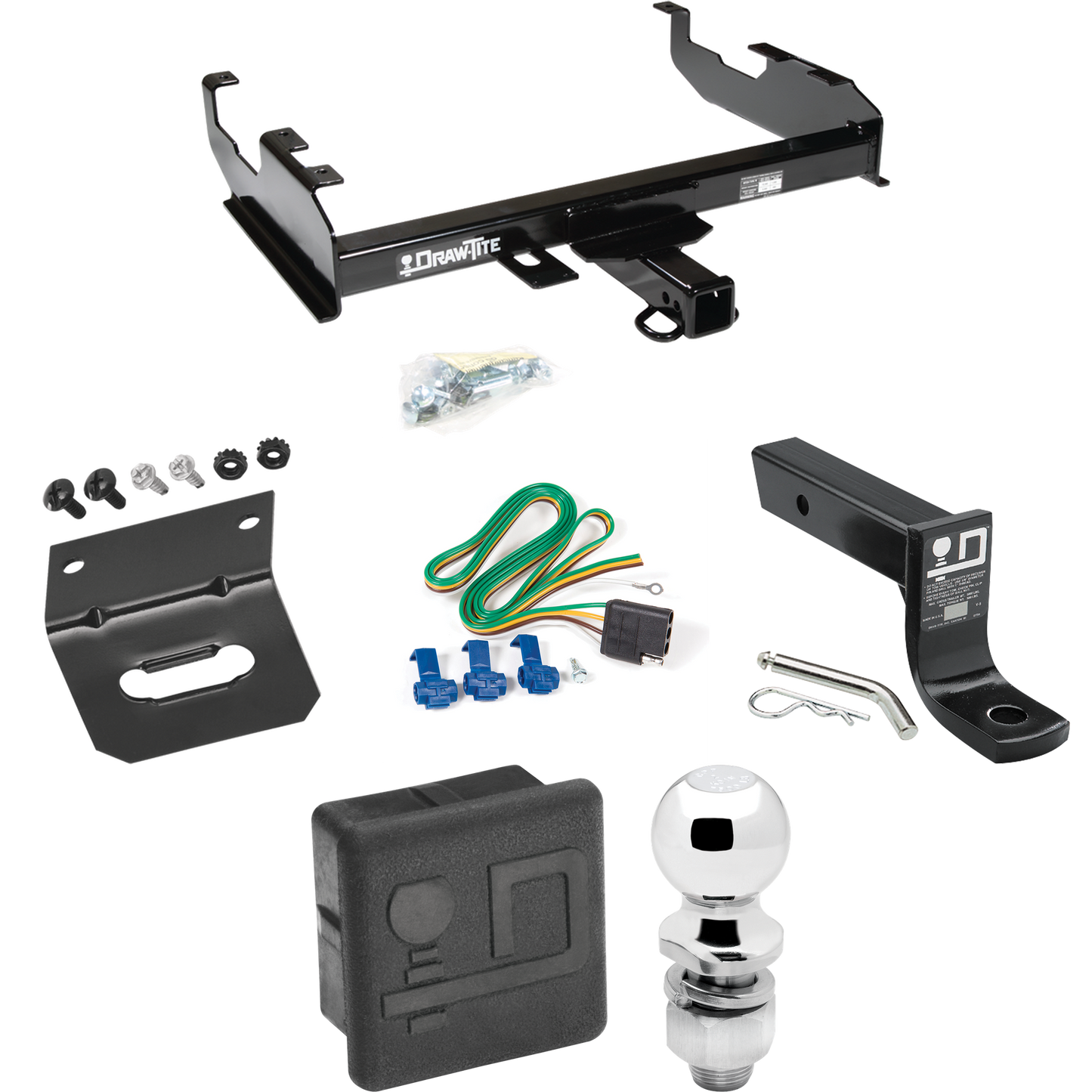 Fits 1971-1973 International 1210 Trailer Hitch Tow PKG w/ 4-Flat Wiring + Ball Mount w/ 4" Drop + 2" Ball + Wiring Bracket + Hitch Cover By Draw-Tite