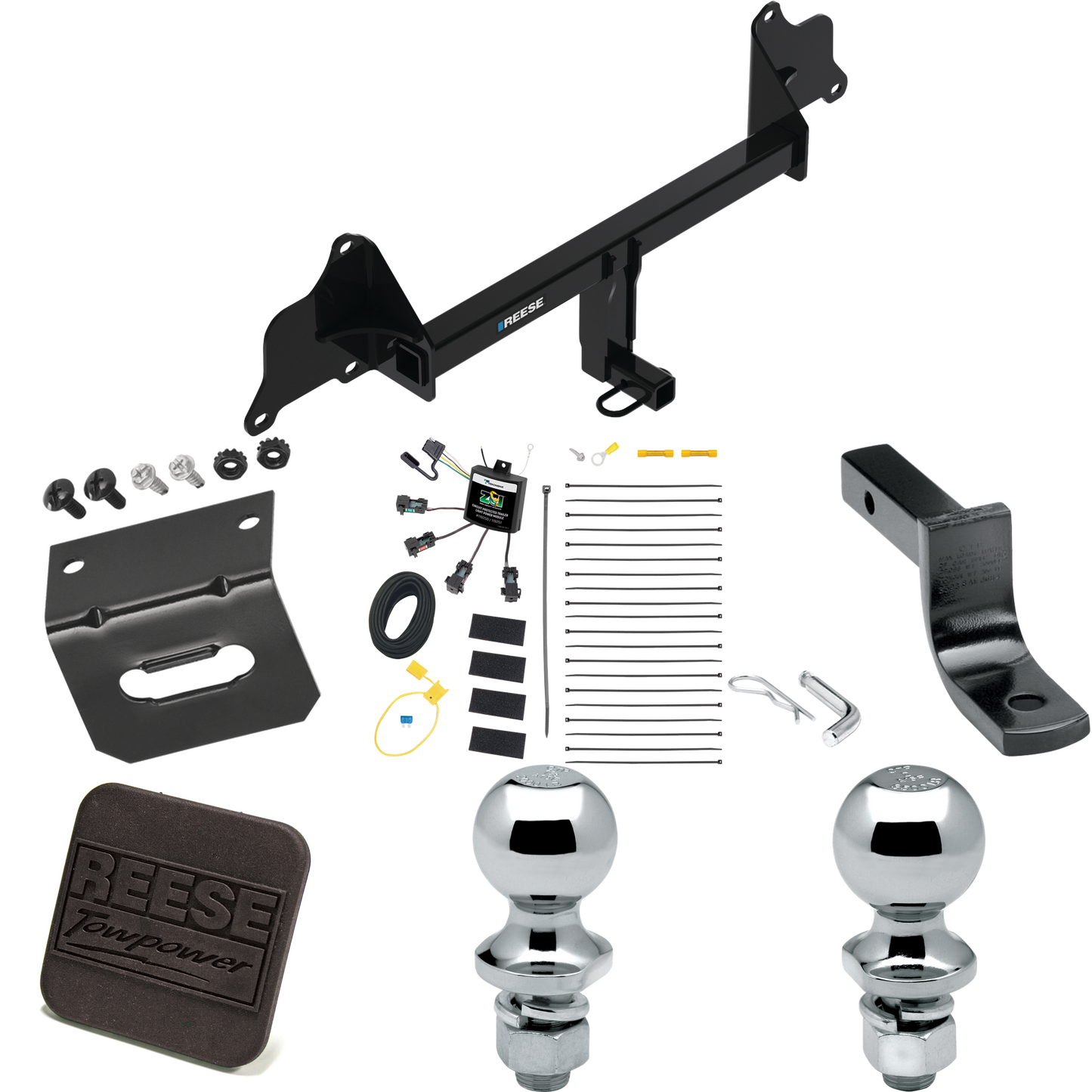 Fits 2017-2019 Tesla 3 Trailer Hitch Tow PKG w/ 4-Flat Zero Contact "No Splice" Wiring Harness + Draw-Bar + 1-7/8" + 2" Ball + Wiring Bracket + Hitch Cover By Reese Towpower