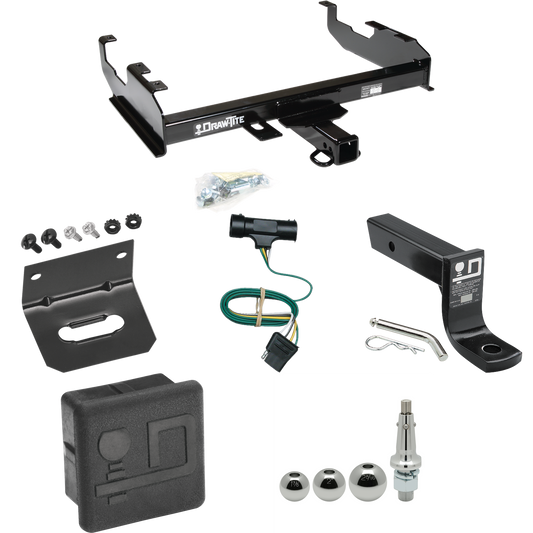 Fits 1979-1984 GMC K1500 Trailer Hitch Tow PKG w/ 4-Flat Wiring + Ball Mount w/ 4" Drop + Interchangeable Ball 1-7/8" & 2" & 2-5/16" + Wiring Bracket + Hitch Cover (For w/8' Bed Models) By Draw-Tite