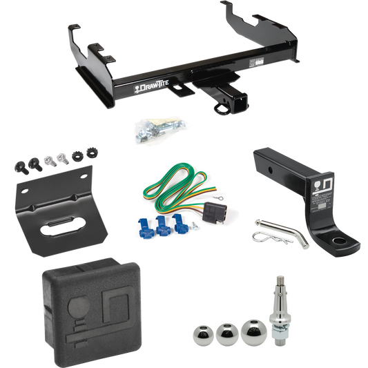 Fits 1985-1986 Chevrolet K20 Trailer Hitch Tow PKG w/ 4-Flat Wiring + Ball Mount w/ 4" Drop + Interchangeable Ball 1-7/8" & 2" & 2-5/16" + Wiring Bracket + Hitch Cover (For w/8' Bed Models) By Draw-Tite