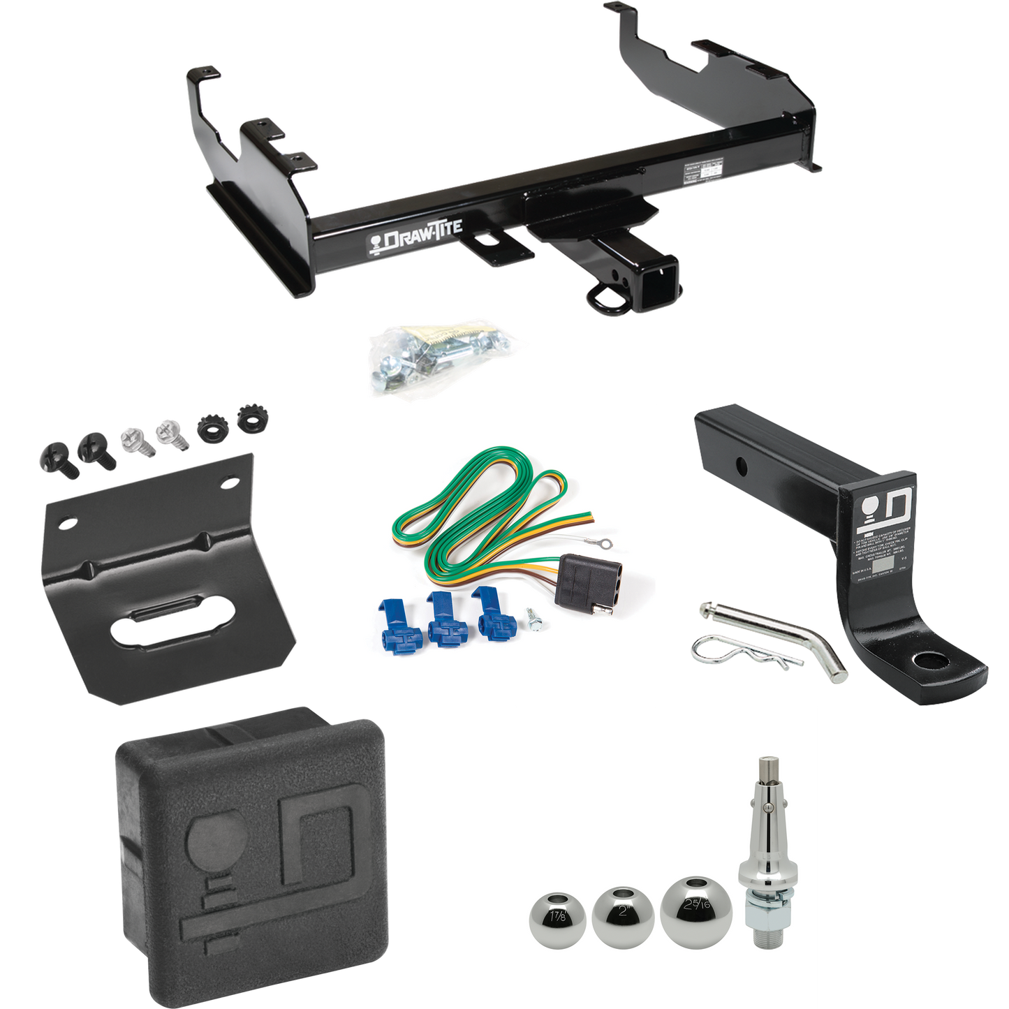 Fits 1969-1970 International 1100D Trailer Hitch Tow PKG w/ 4-Flat Wiring + Ball Mount w/ 4" Drop + Interchangeable Ball 1-7/8" & 2" & 2-5/16" + Wiring Bracket + Hitch Cover By Draw-Tite