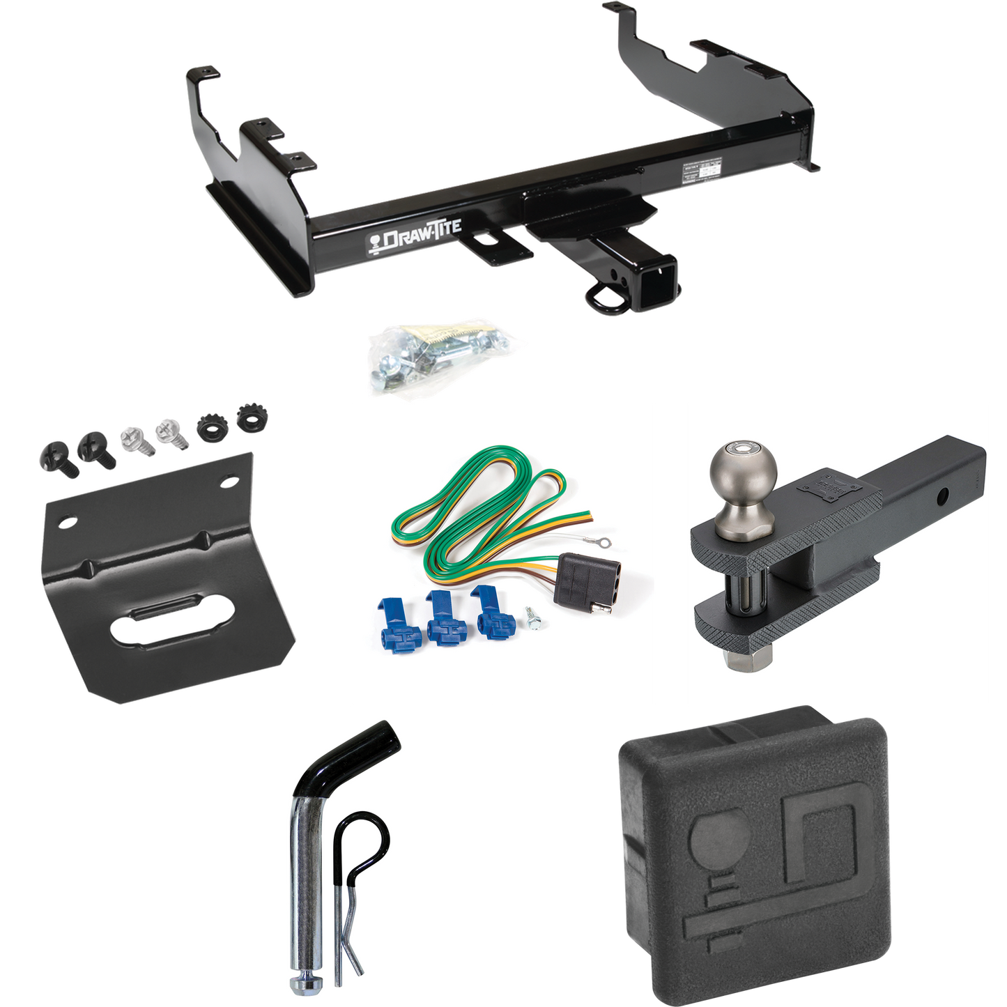 Fits 1988-1991 GMC C3500 Trailer Hitch Tow PKG w/ 4-Flat Wiring + Clevis Hitch Ball Mount w/ 2" Ball + Pin/Clip + Wiring Bracket + Hitch Cover (For Crew Cab w/8' Bed Models) By Draw-Tite