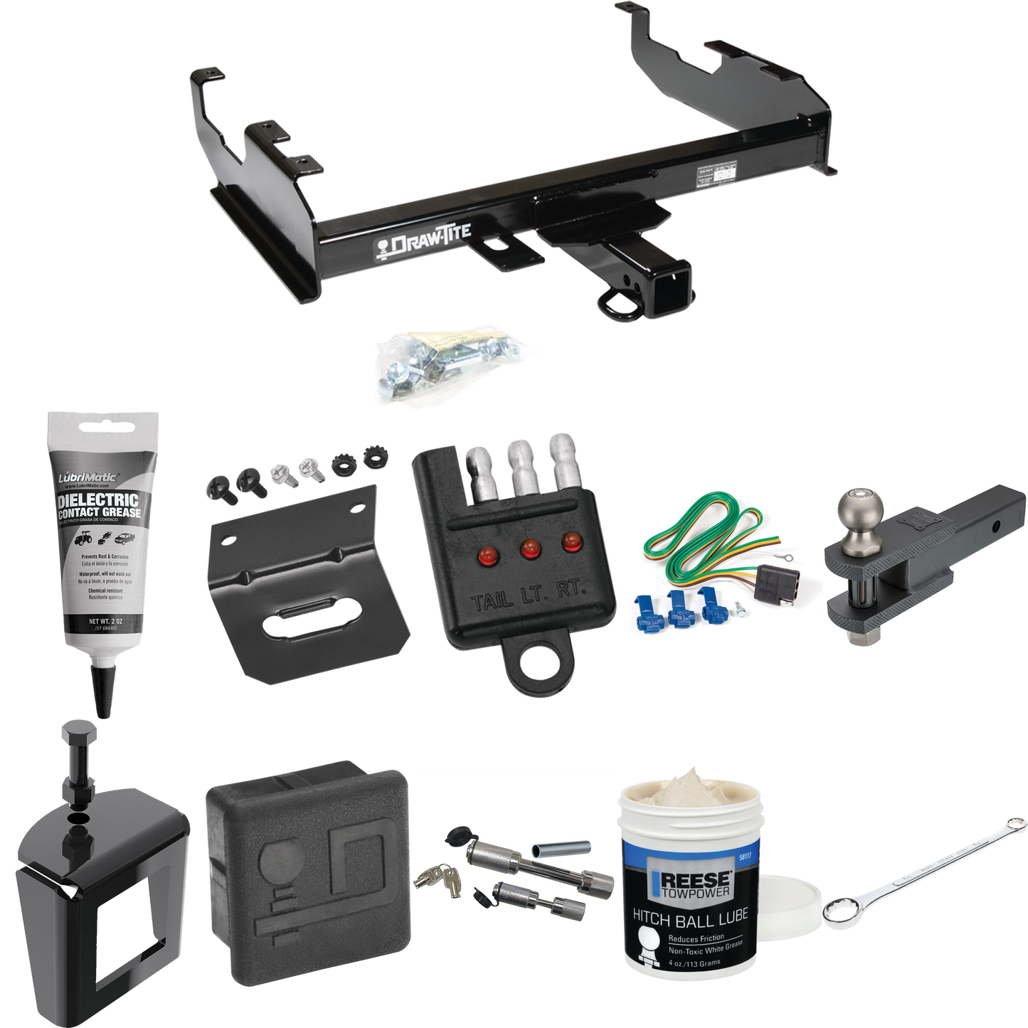 Fits 1969-1970 International 1200D Trailer Hitch Tow PKG w/ 4-Flat Wiring + Clevis Hitch Ball Mount w/ 2" Ball + Wiring Bracket + Hitch Cover + Dual Hitch & Coupler Locks + Wiring Tester + Ball Lube + Electric Grease + Ball Wrench + Anti Rattle Devic