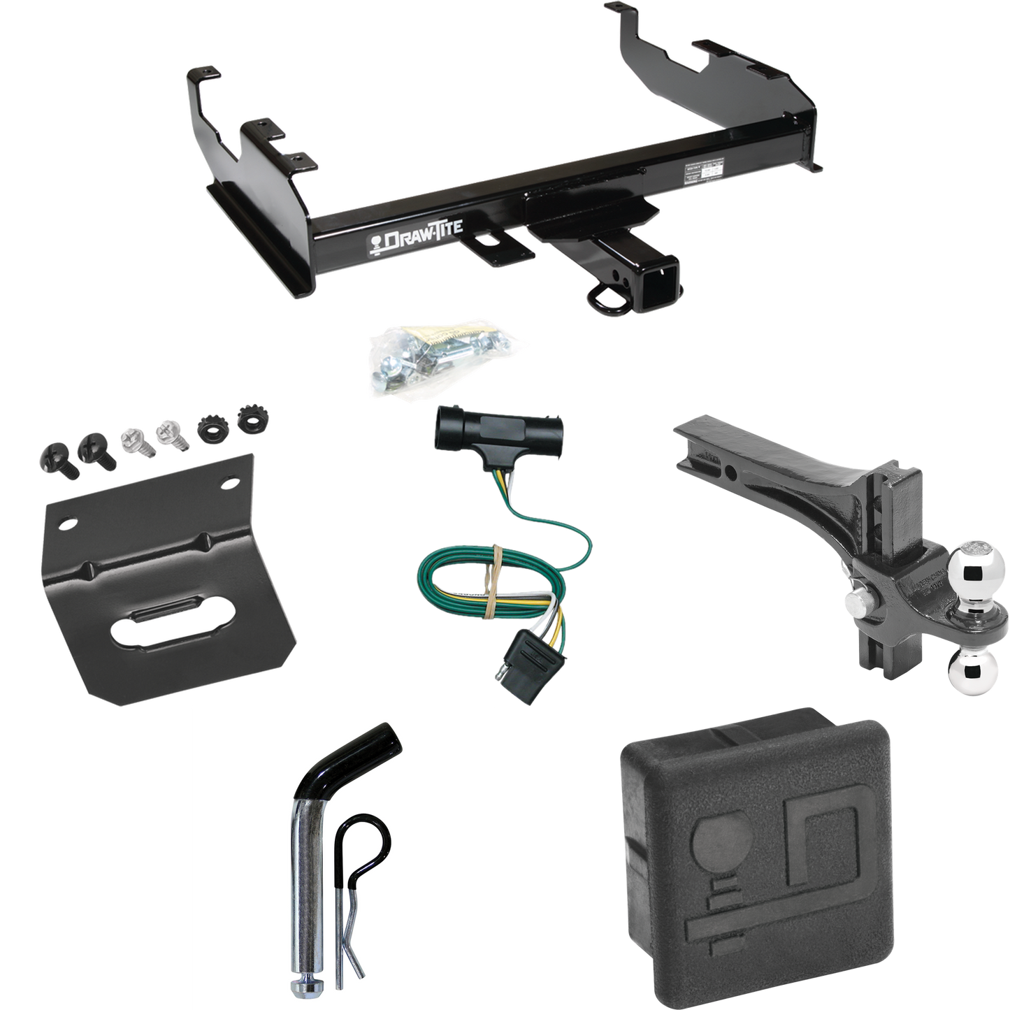 Fits 1975-1978 GMC K15 Trailer Hitch Tow PKG w/ 4-Flat Wiring + Dual Adjustable Drop Rise Ball Ball Mount 2" & 2-5/16" Trailer Balls + Pin/Clip + Wiring Bracket + Hitch Cover (For w/8' Bed Models) By Draw-Tite