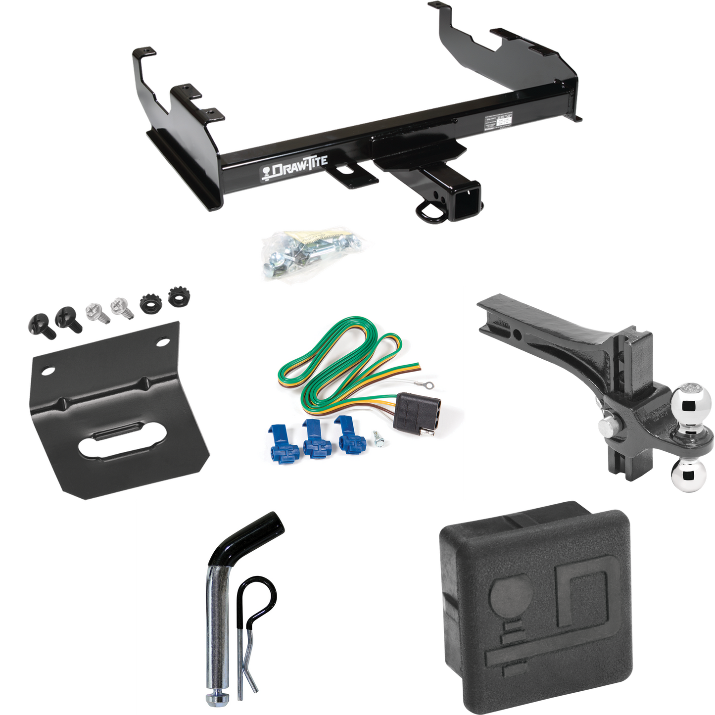 Fits 1963-1972 Chevrolet C10 Trailer Hitch Tow PKG w/ 4-Flat Wiring + Dual Adjustable Drop Rise Ball Ball Mount 2" & 2-5/16" Trailer Balls + Pin/Clip + Wiring Bracket + Hitch Cover (For w/8' Bed Models) By Draw-Tite