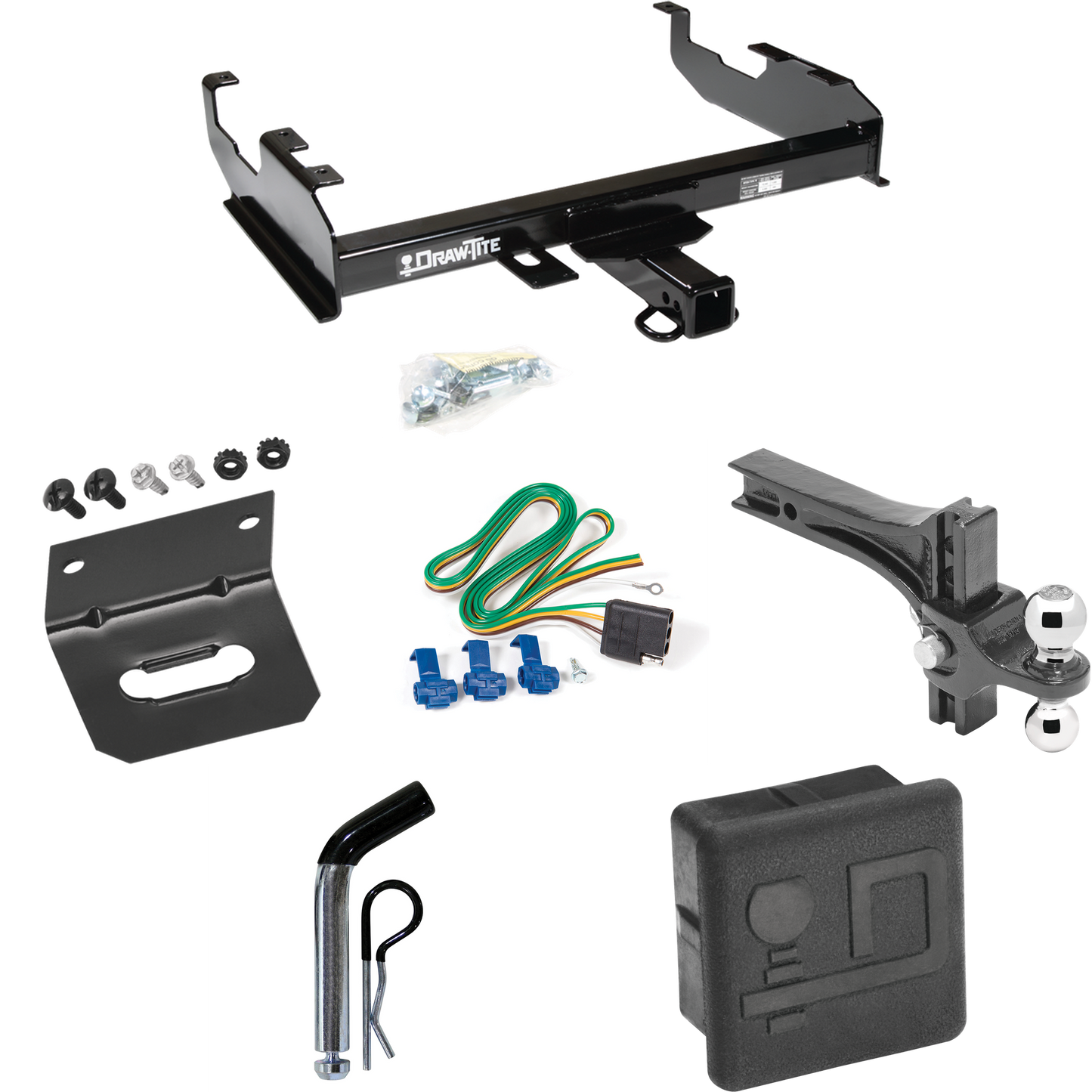Fits 1963-1972 Chevrolet K20 Trailer Hitch Tow PKG w/ 4-Flat Wiring + Dual Adjustable Drop Rise Ball Ball Mount 2" & 2-5/16" Trailer Balls + Pin/Clip + Wiring Bracket + Hitch Cover (For w/8' Bed Models) By Draw-Tite