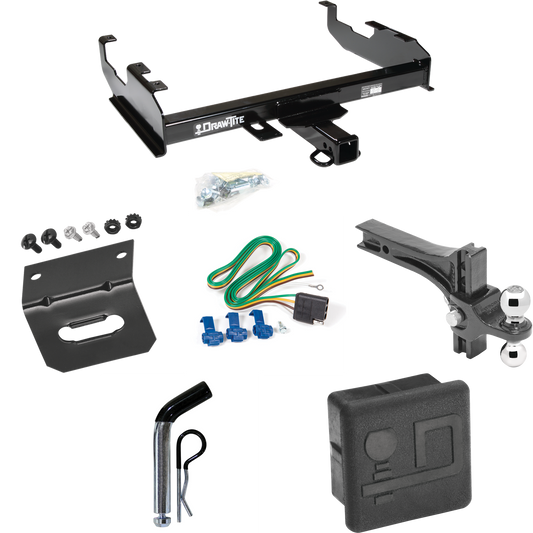 Fits 1985-1986 GMC C3500 Trailer Hitch Tow PKG w/ 4-Flat Wiring + Dual Adjustable Drop Rise Ball Ball Mount 2" & 2-5/16" Trailer Balls + Pin/Clip + Wiring Bracket + Hitch Cover (For w/8' Bed Models) By Draw-Tite