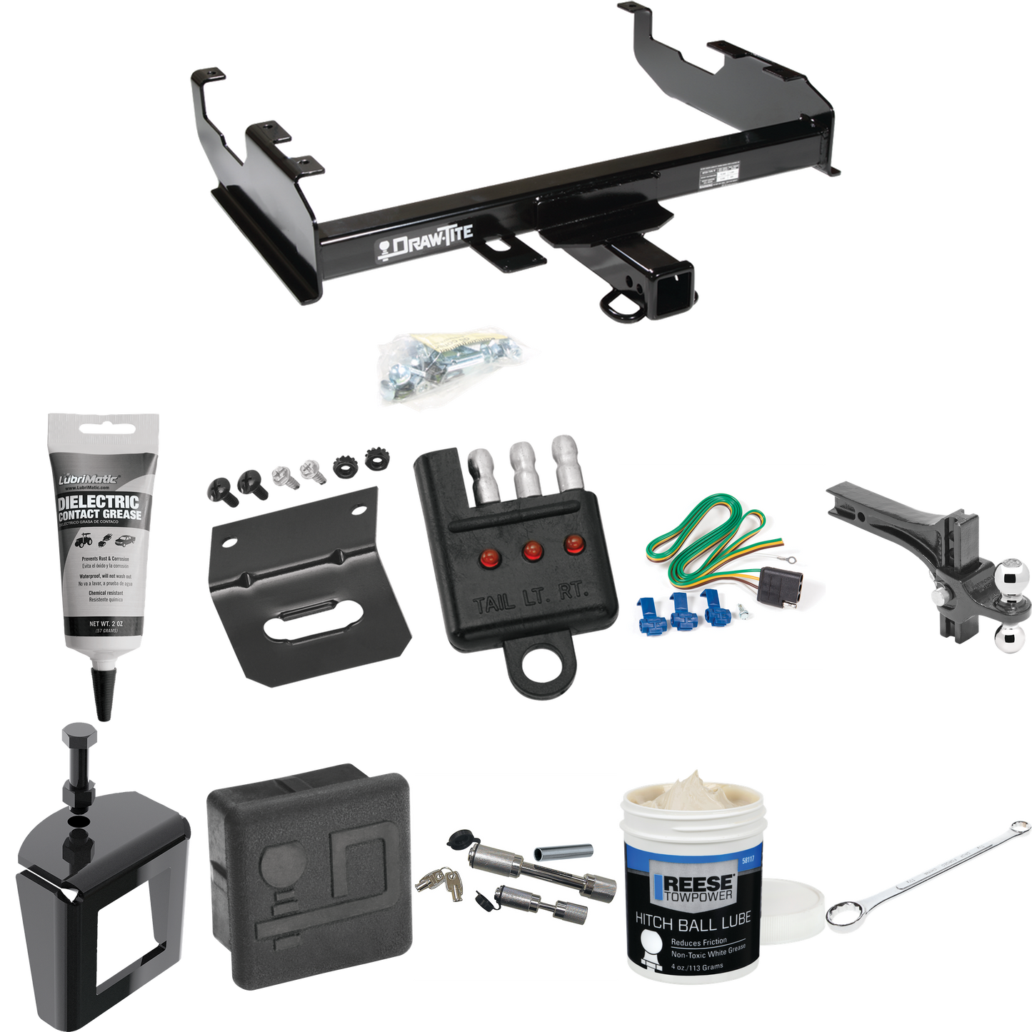 Fits 1967-1974 GMC K15 Trailer Hitch Tow PKG w/ 4-Flat Wiring + Dual Adjustable Drop Rise Ball Ball Mount 2" & 2-5/16" Trailer Balls + Wiring Bracket + Hitch Cover + Dual Hitch & Coupler Locks + Wiring Tester + Ball Lube + Electric Grease + Ball Wren