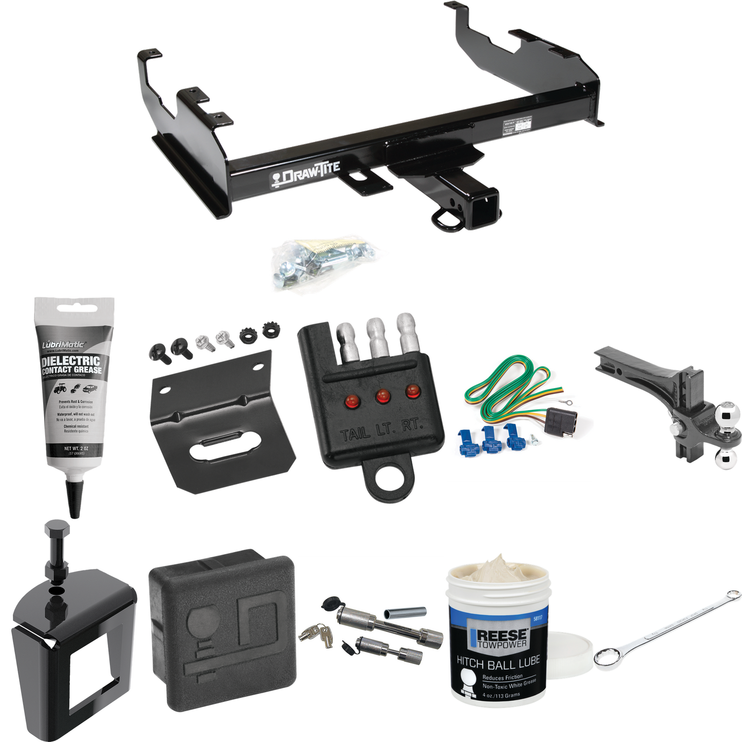 Fits 1985-1986 GMC K2500 Trailer Hitch Tow PKG w/ 4-Flat Wiring + Dual Adjustable Drop Rise Ball Ball Mount 2" & 2-5/16" Trailer Balls + Wiring Bracket + Hitch Cover + Dual Hitch & Coupler Locks + Wiring Tester + Ball Lube + Electric Grease + Ball Wr