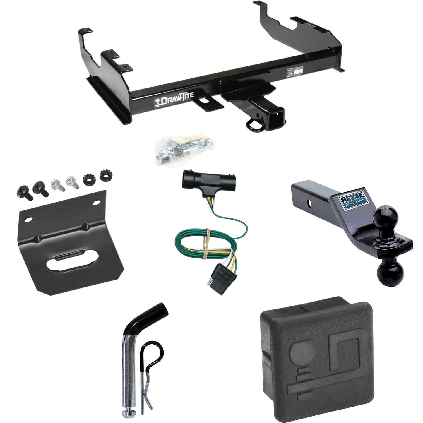 Fits 1973-1974 Chevrolet K30 Trailer Hitch Tow PKG w/ 4-Flat Wiring + Dual Ball Ball Mount 1-7/8" & 2" Trailer Balls + Pin/Clip + Wiring Bracket + Hitch Cover (For w/8' Bed Models) By Draw-Tite